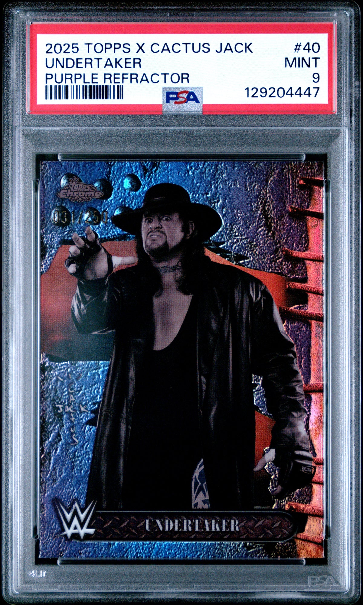 Undertaker 2025 Topps Chrome X Cactus Jack WWE Purple Refractor SP 31/250 PSA 9