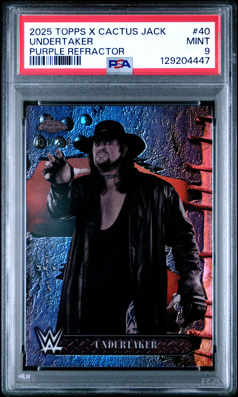 Undertaker 2025 Topps Chrome X Cactus Jack WWE Purple Refractor SP 31/250 PSA 9-1