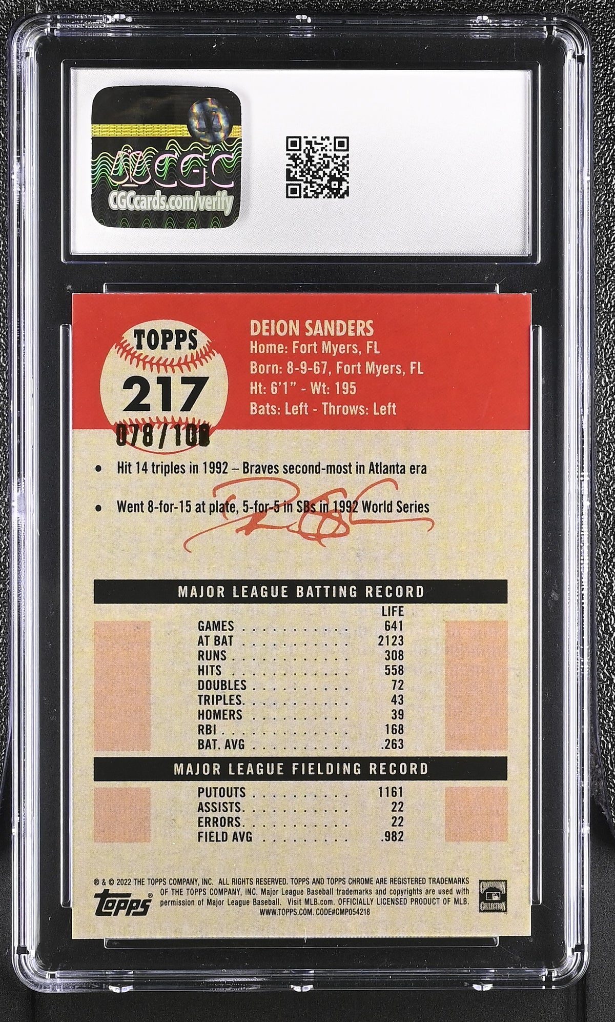 Deion Sanders 2022 Topps Chrome Platinum Blue Atomic Refractor SP 78/100 CGC 10-2