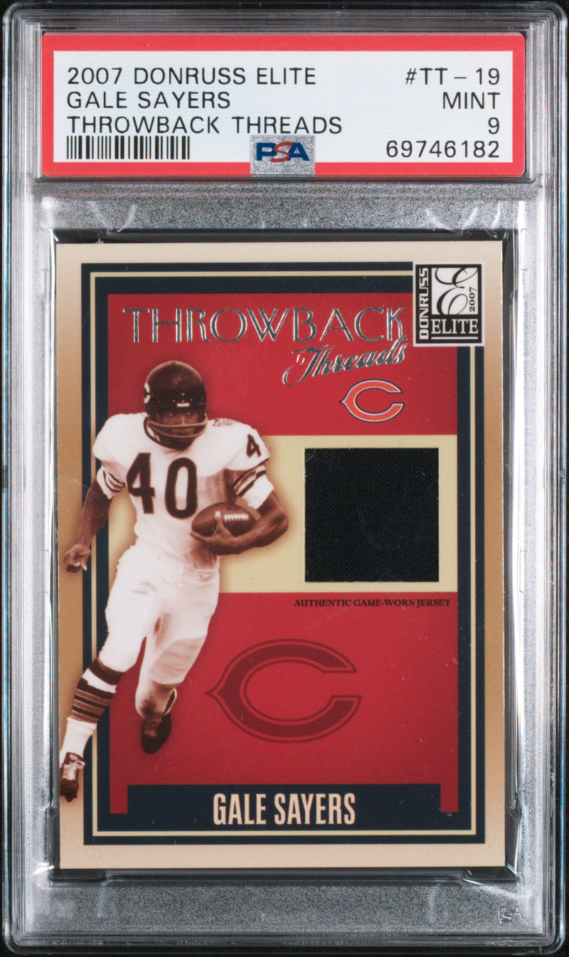 Gale Sayers 2007 Donruss Elite Throwback Threads Game Used Patch SP 186/249 PSA 9-1