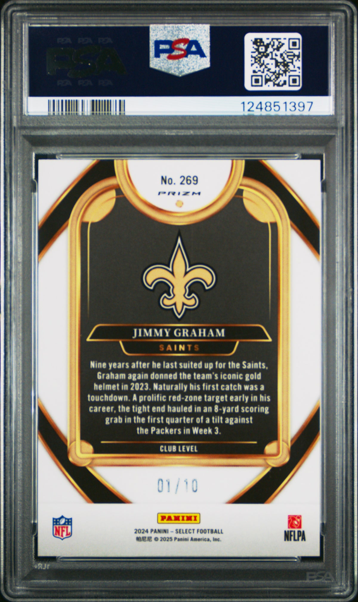 Jimmy Graham 2024 Panini Select Club Level Gold Prizm SP 1/10 PSA 9-2