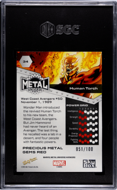Human Torch 2024 Skybox Metal Universe Avengers Red Precious Metal Gems SP 51/100 SGC 9-2