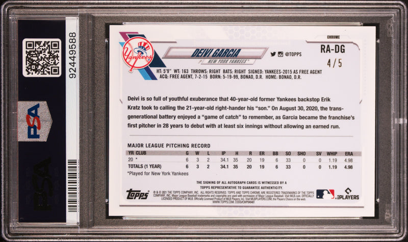 Deivi Garcia RC 2021 Topps Chrome Sapphire Red Rookie Auto SP 4/5 PSA 10-2