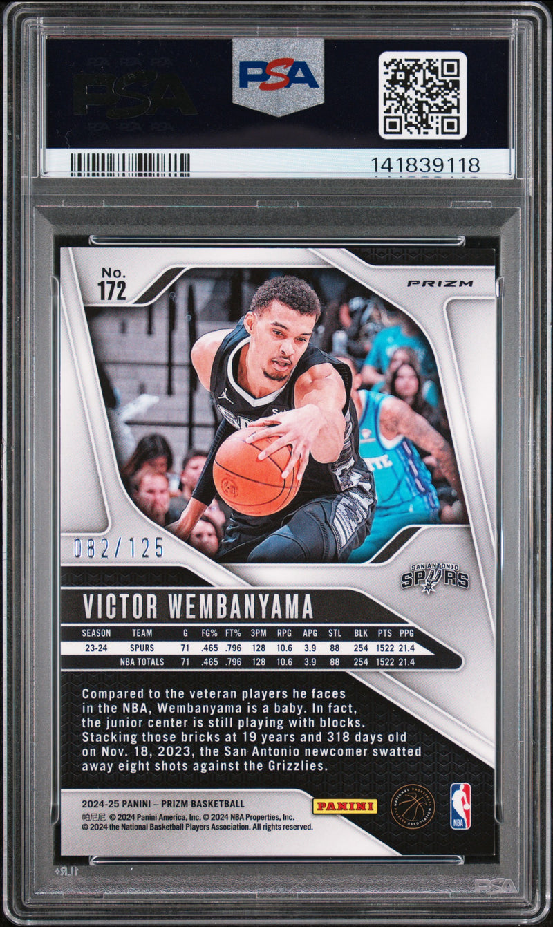 Victor Wembanyama 2024-25 Panini Prizm Blue Ice SP 82/125 PSA 9-2