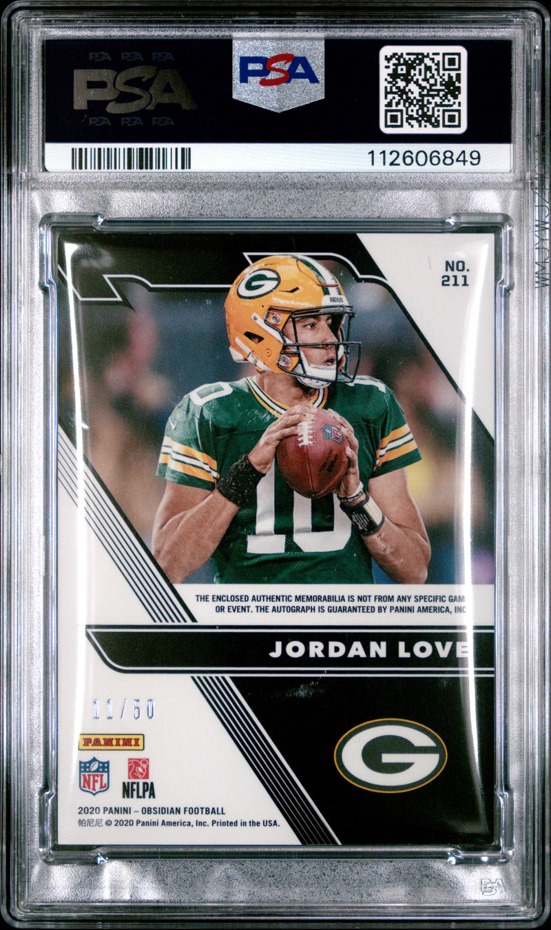 Jordan Love RC 2020 Panini Obsidian Electric Etch Green Rookie Patch Auto SP 11/50 PSA 9-2