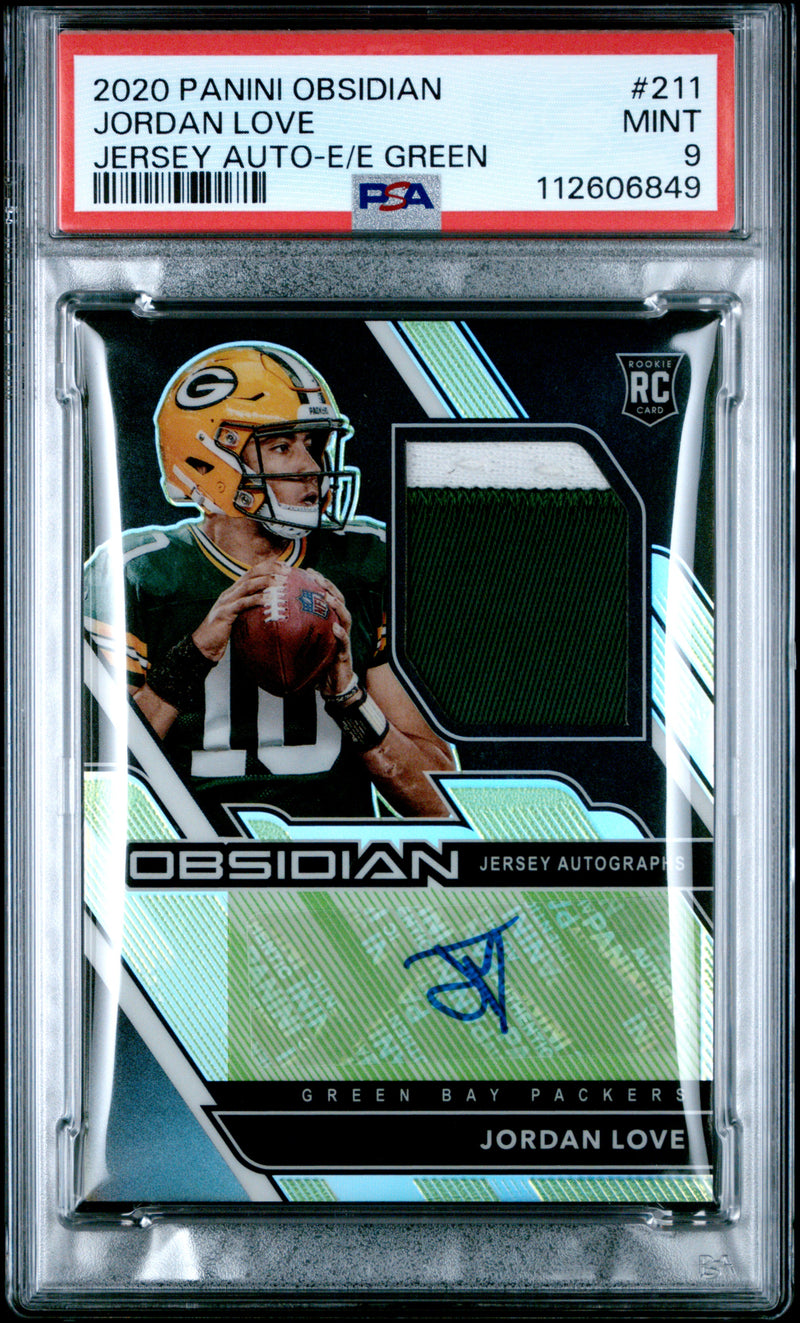 Jordan Love RC 2020 Panini Obsidian Electric Etch Green Rookie Patch Auto SP 11/50 PSA 9-1