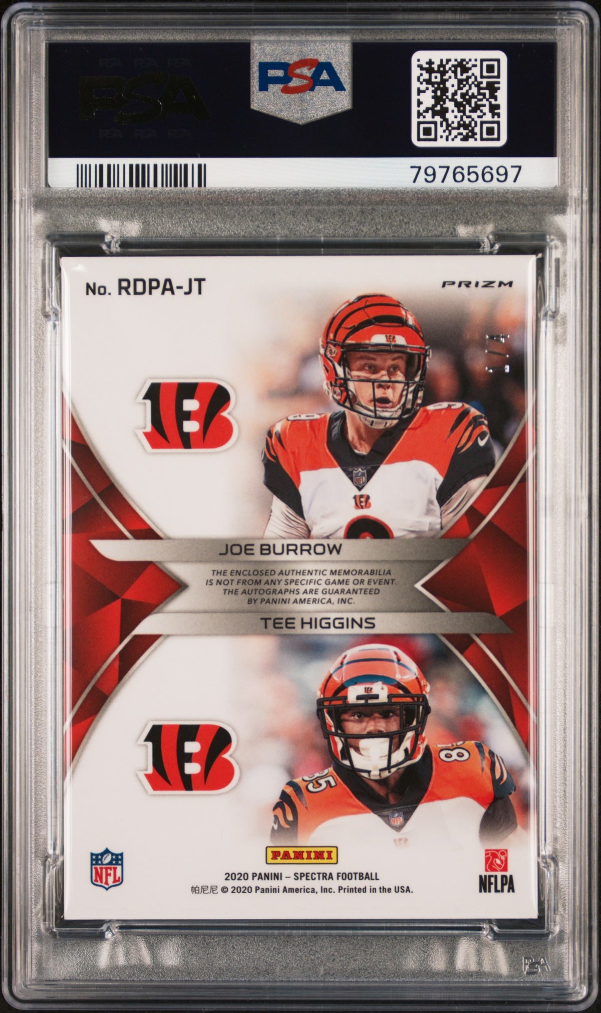 J.Burrow/T.Higgins 2020 Panini Spectra Rookie Dual Patch Autographs Rke.Dl.Pat.Au-Neon Marble 1/4 #JT PSA 9