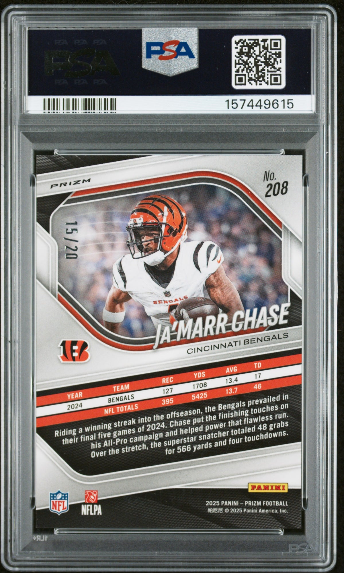 Ja'Marr Chase 2025 Panini Prizm Panini Logo Prizm 15/20 #208 PSA 10-2