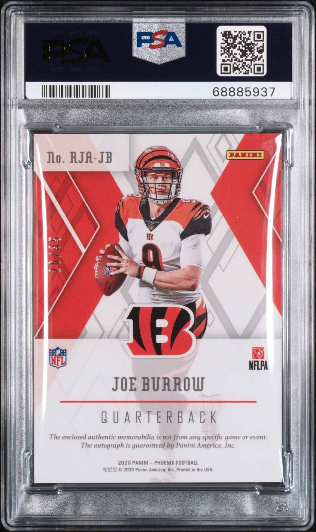 Joe Burrow AU 2020 Panini Phoenix Rps Rookie Auto Jersey Rps Rk.Au.Jsy-Orng. 26/35 #JB PSA 9 Auto 9