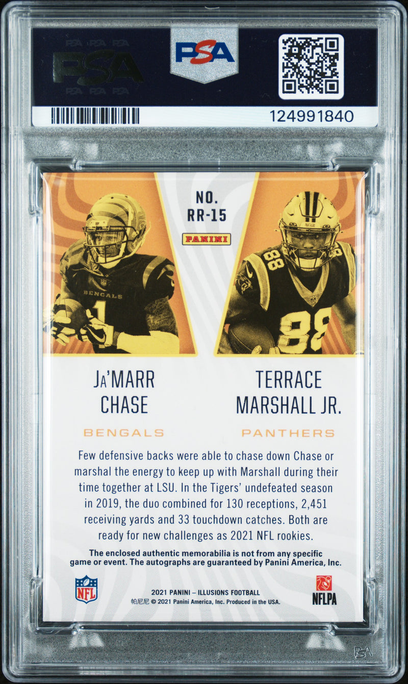 Terrace Marshall Jr / Ja'Marr Chase 2021 illusions Rookie Reflections Dual Patch Autographs Green 2/3 #RR-15 PSA 9-2