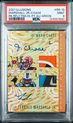 Terrace Marshall Jr / Ja'Marr Chase 2021 illusions Rookie Reflections Dual Patch Autographs Green 2/3 #RR-15 PSA 9-1
