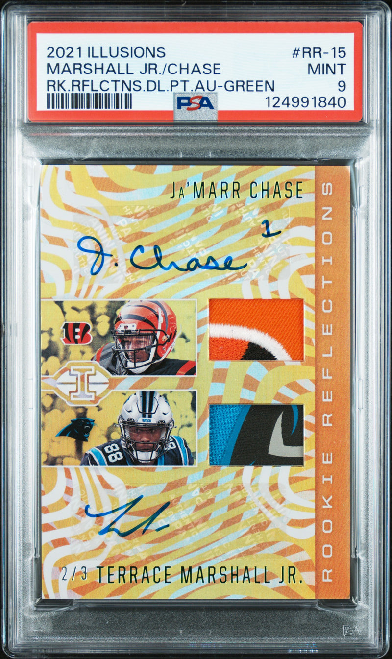 Terrace Marshall Jr / Ja'Marr Chase 2021 illusions Rookie Reflections Dual Patch Autographs Green 2/3 #RR-15 PSA 9-1