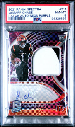 Ja'Marr Chase 2021 Panini Spectra Patch Auto-Neon Purple 16/30 #211 PSA 8-1