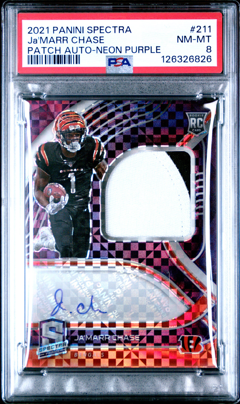Ja'Marr Chase 2021 Panini Spectra Patch Auto-Neon Purple 16/30 #211 PSA 8-1