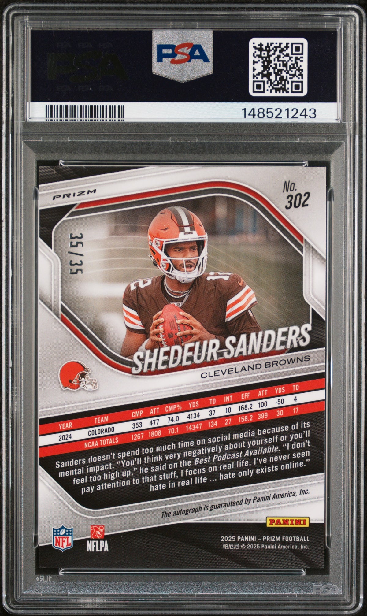 Shedeur Sanders 2025 Panini Prizm Autograph-Red Shimmer 35/35 #302 PSA 9-2