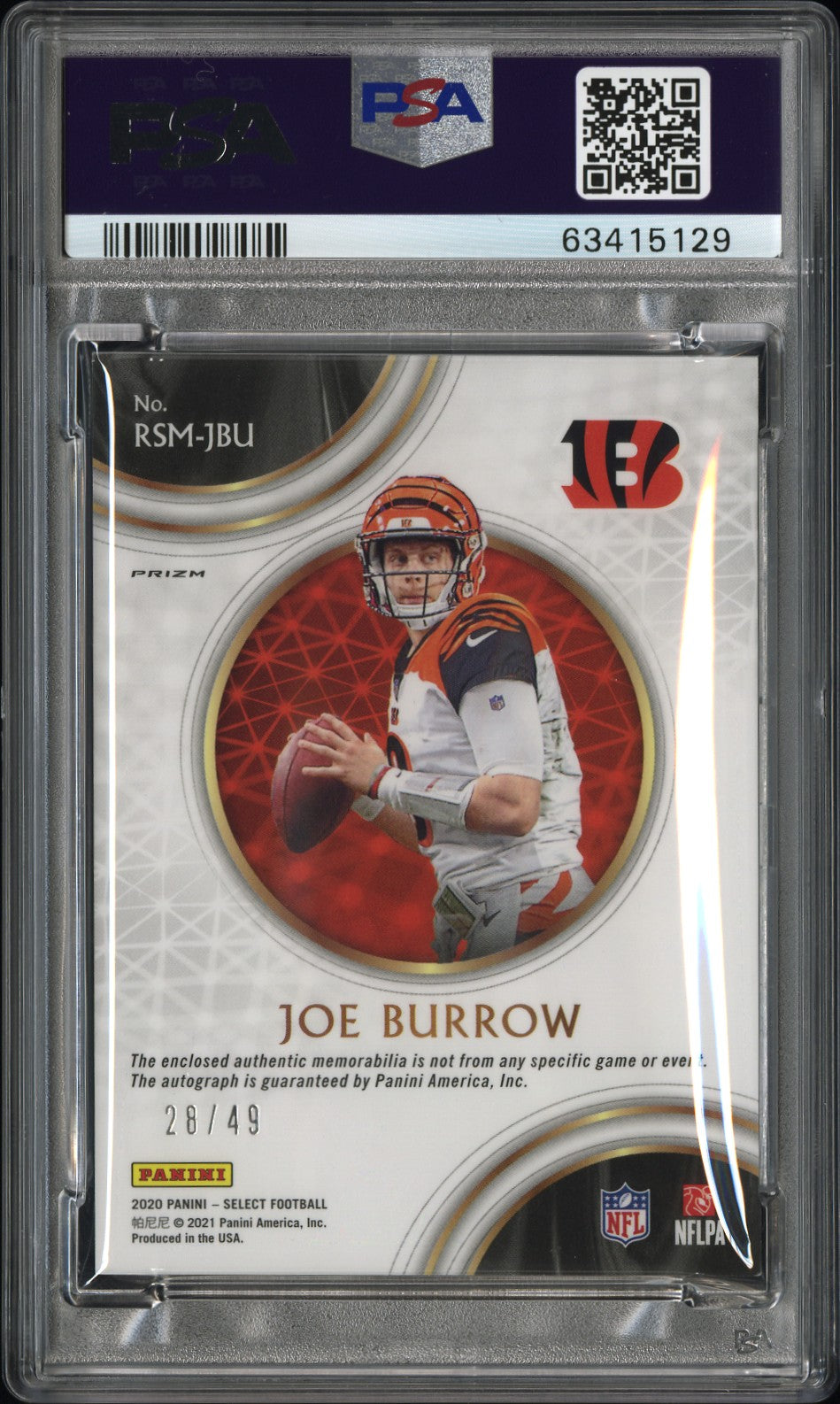 Joe Burrow 2020 Panini Select Rookie Signature Memorabilia Prizm Rookie Sig.Mem.Prizm 28/49 #JBU PSA 9