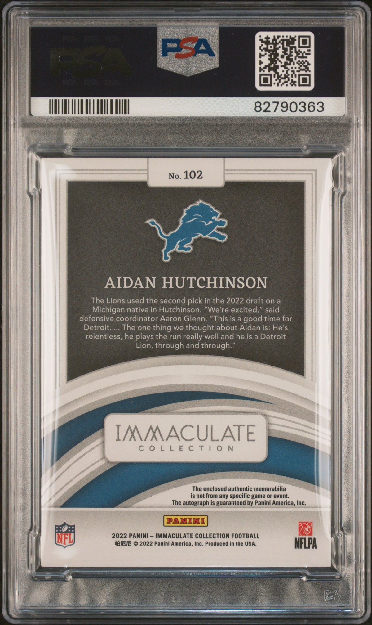 Aidan Hutchinson AU 2022 Panini Immaculate Collection Patch Autograph 21/99 #102 PSA 9 Auto 10-2