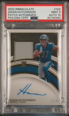 Aidan Hutchinson AU 2022 Panini Immaculate Collection Patch Autograph 21/99 #102 PSA 9 Auto 10-1