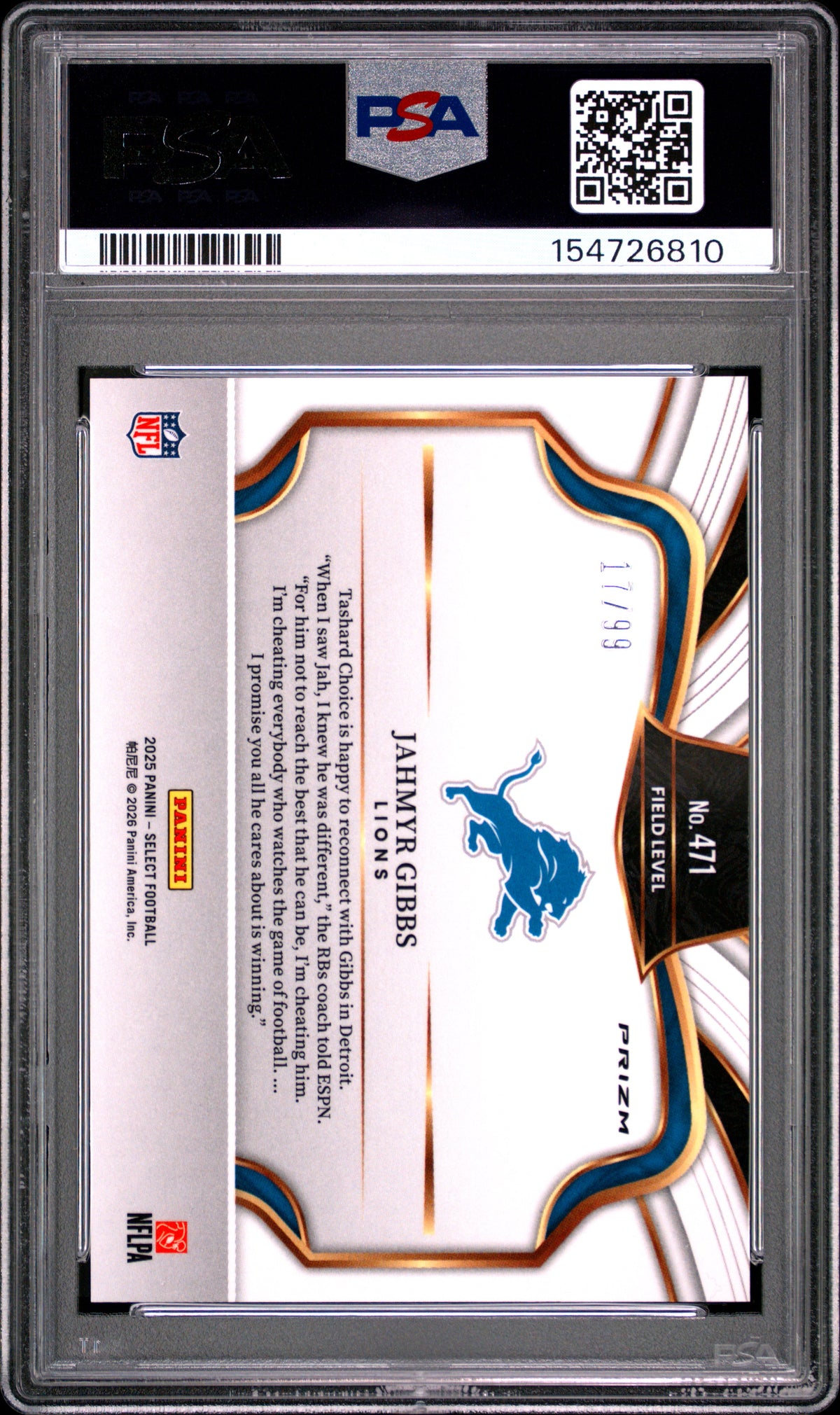 Jahmyr Gibbs 2025 Panini Select Tri-Color Prizm 17/99 #471 PSA 10-2