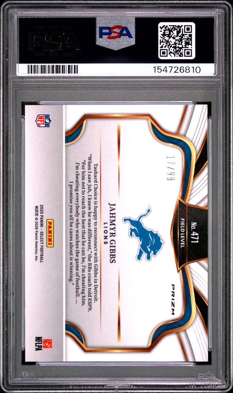 Jahmyr Gibbs 2025 Panini Select Tri-Color Prizm 17/99 #471 PSA 10-2