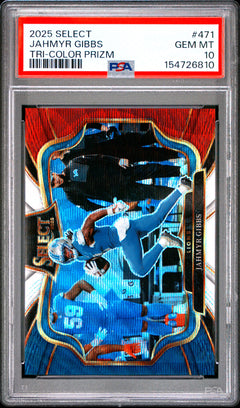 Jahmyr Gibbs 2025 Panini Select Tri-Color Prizm 17/99 #471 PSA 10-1