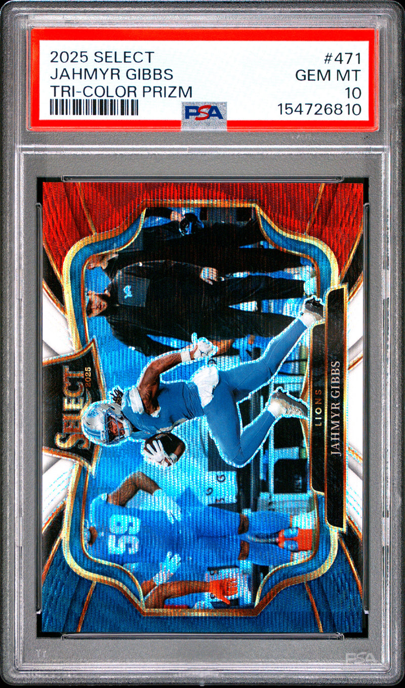 Jahmyr Gibbs 2025 Panini Select Tri-Color Prizm 17/99 #471 PSA 10-1