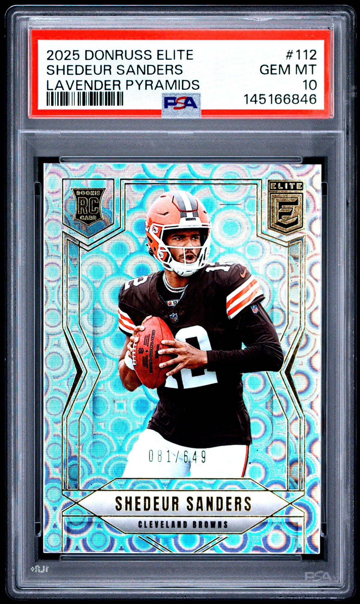 Shedeur Sanders 2025 Panini Donruss Elite Lavender Pyramids 81/649 #112 PSA 10