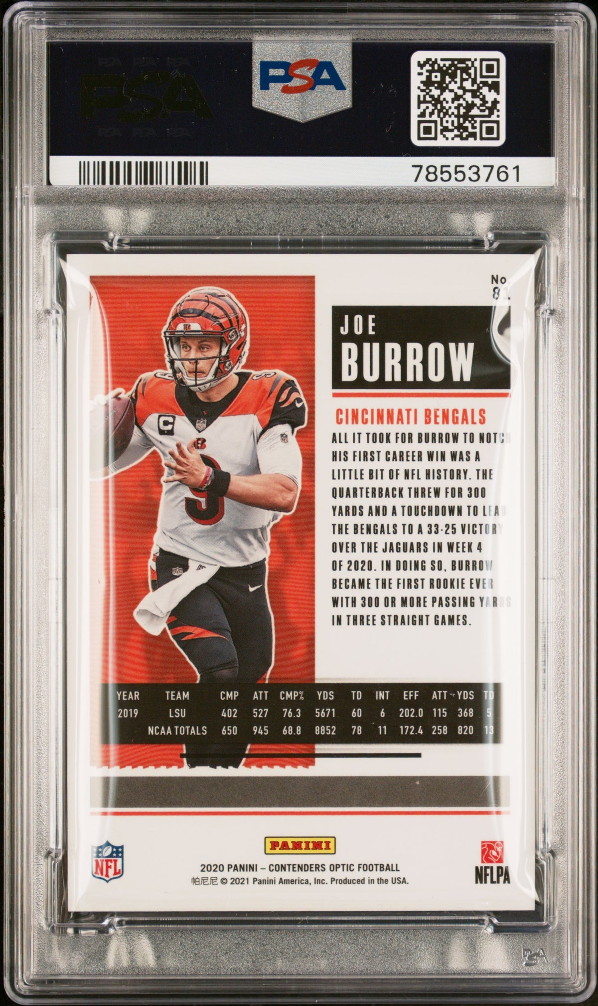 Joe Burrow 2020 Panini Contenders Optic #81 PSA 8-2