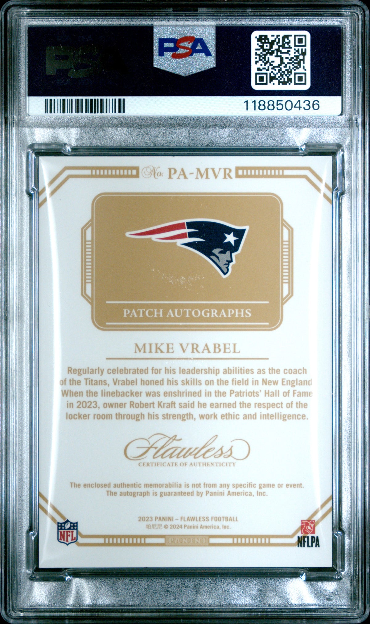 Mike Vrabel 2023 Panini Flawless Patch Autographs 11/25 #PAMVR PSA 9-2