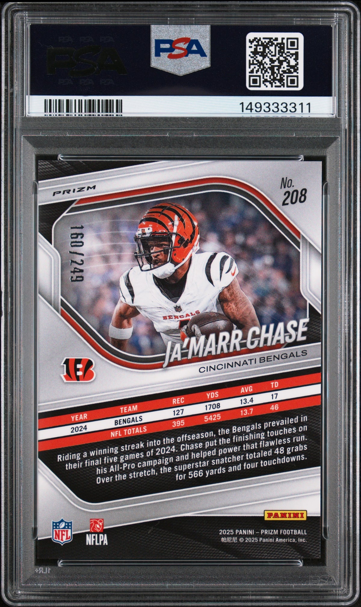 Ja'Marr Chase 2025 Panini Prizm Orange Prizm 160/249 #208 PSA 10-2