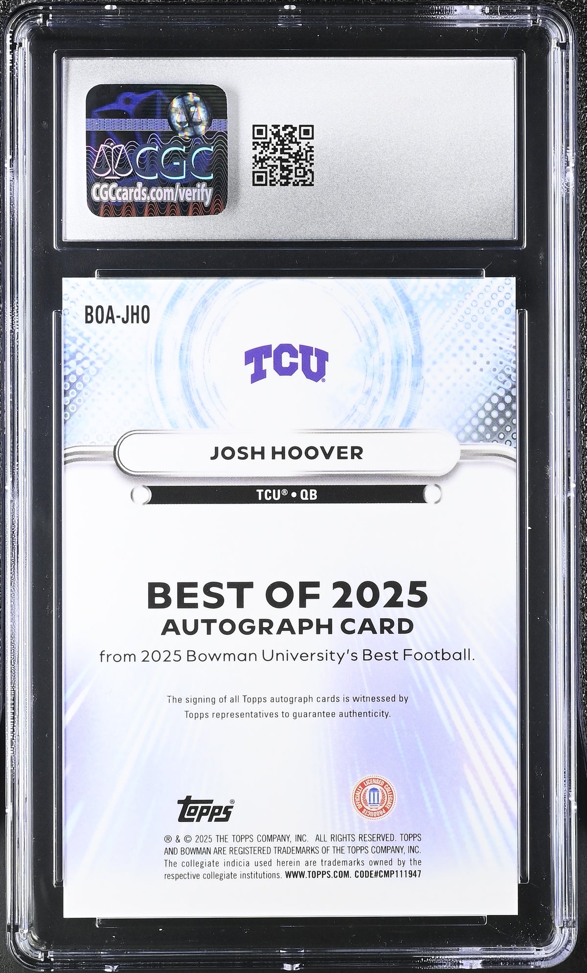 Josh Hoover 2025 University Best Best of '25 Autographs #BOA-JHO CGC 9-2