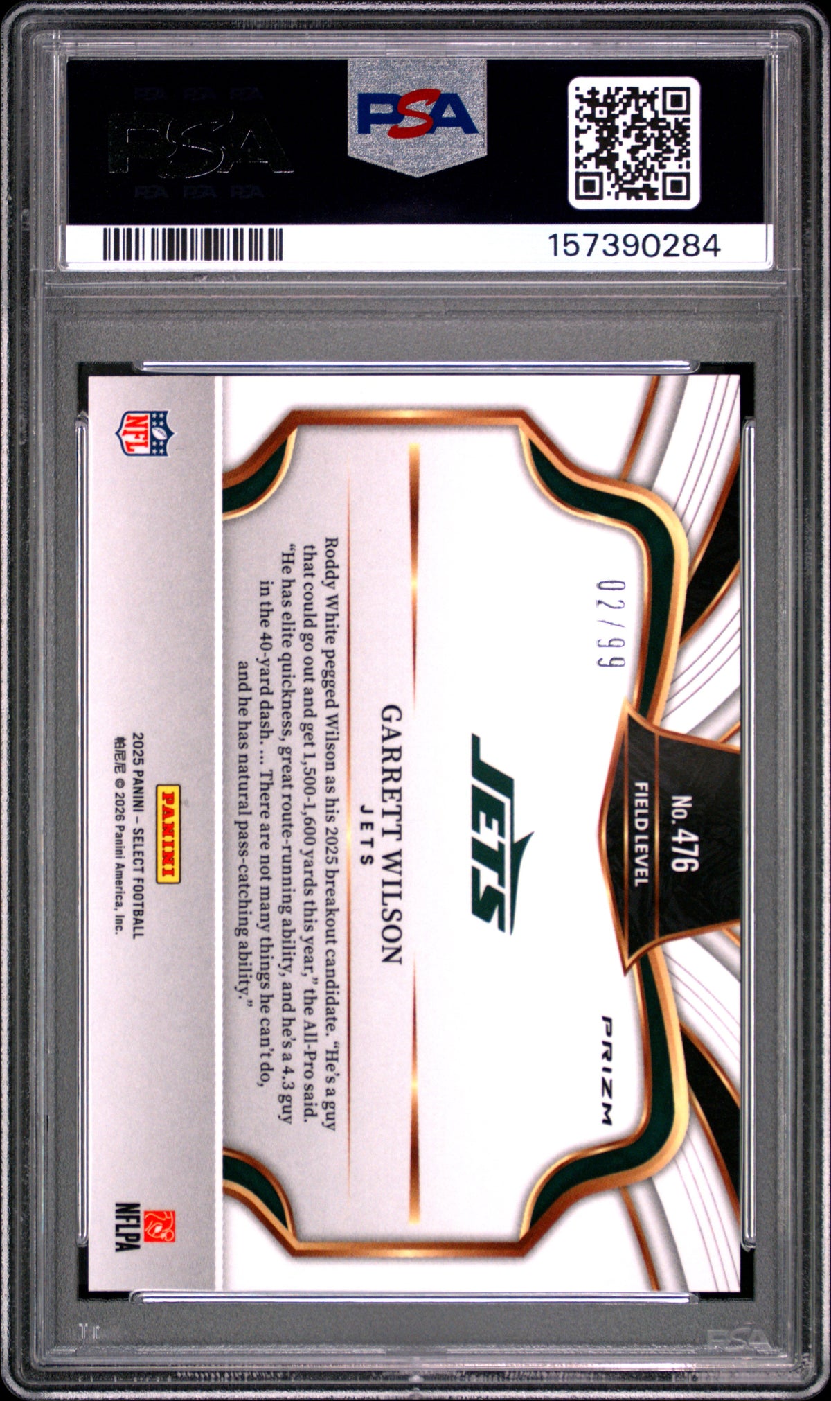 Garrett Wilson 2025 Panini Select Tri-Color Prizm 2/99 #476 PSA 10-2
