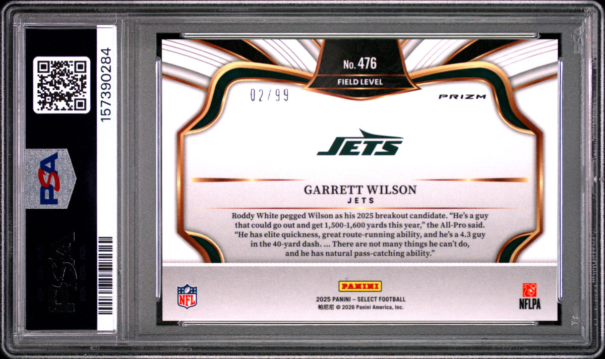 Garrett Wilson 2025 Panini Select Tri-Color Prizm 2/99 #476 PSA 10