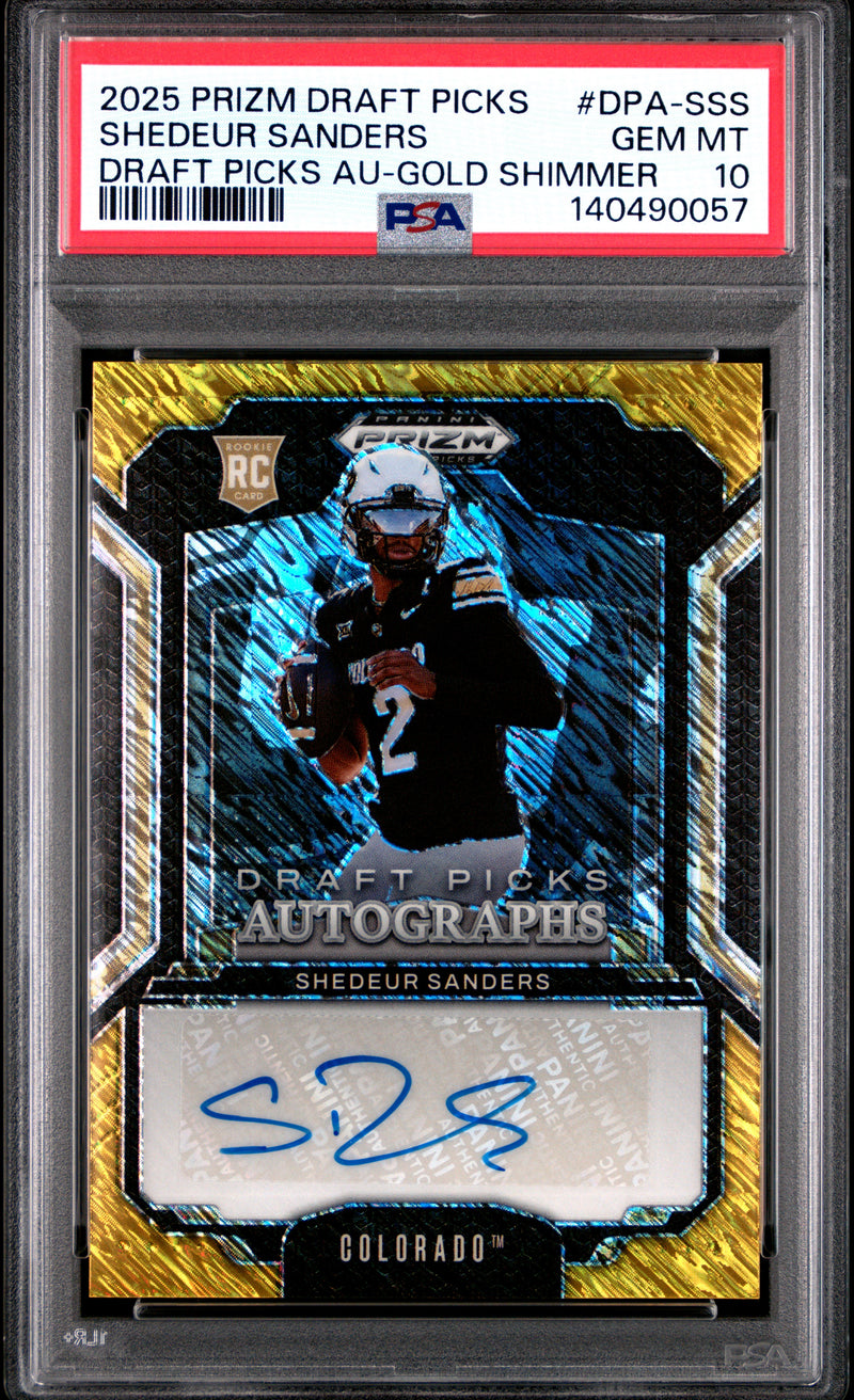 Shedeur Sanders 2025 Panini Prizm Draft Picks Auto Gold Shimmer 13/15 #DPA-SSS PSA 10-1
