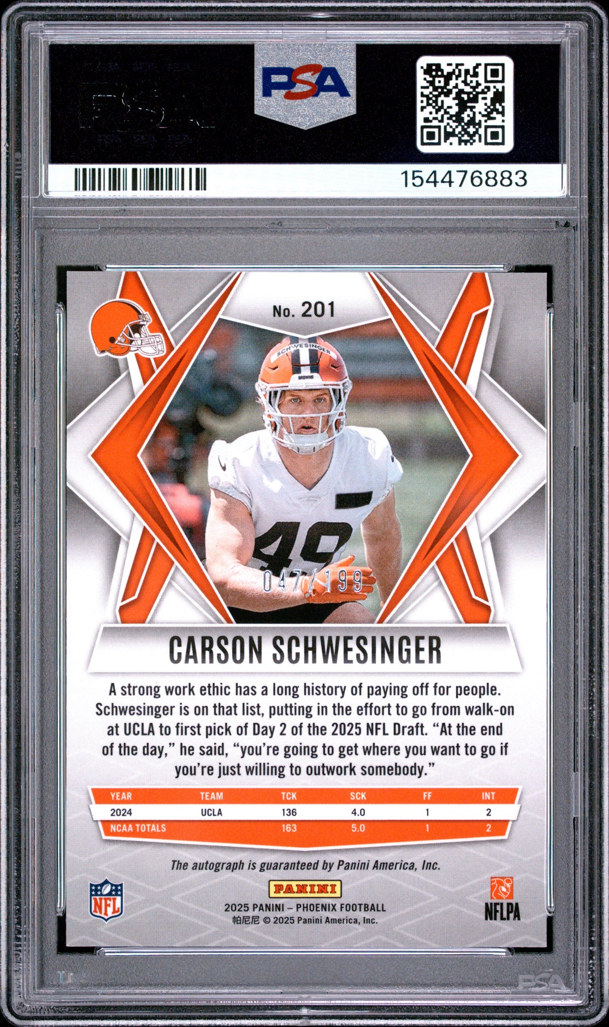 Carson Schwesinger 2025 Panini Phoenix Autograph-Silver 47/199 #201 PSA 10-2