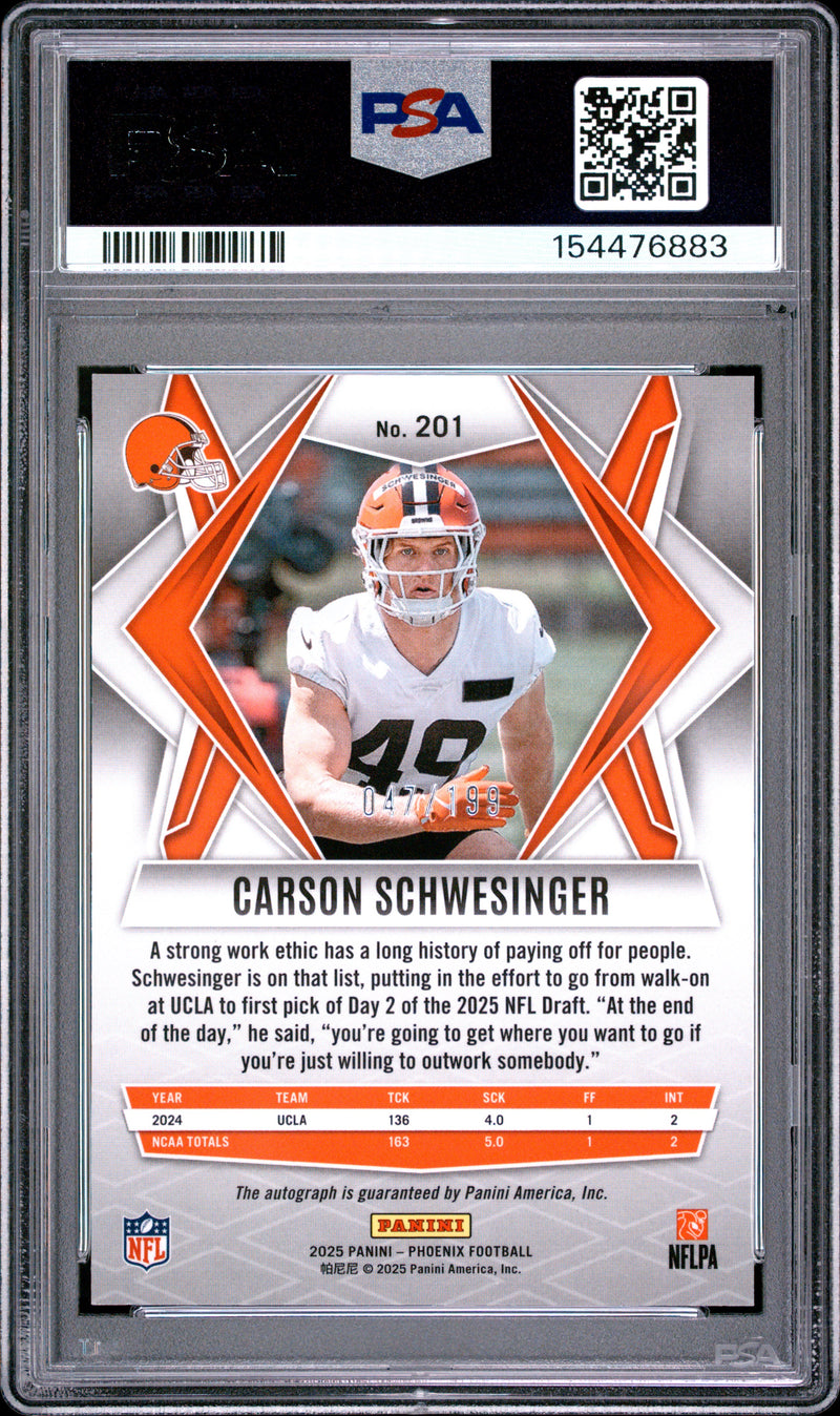 Carson Schwesinger 2025 Panini Phoenix Autograph-Silver 47/199 #201 PSA 10-2