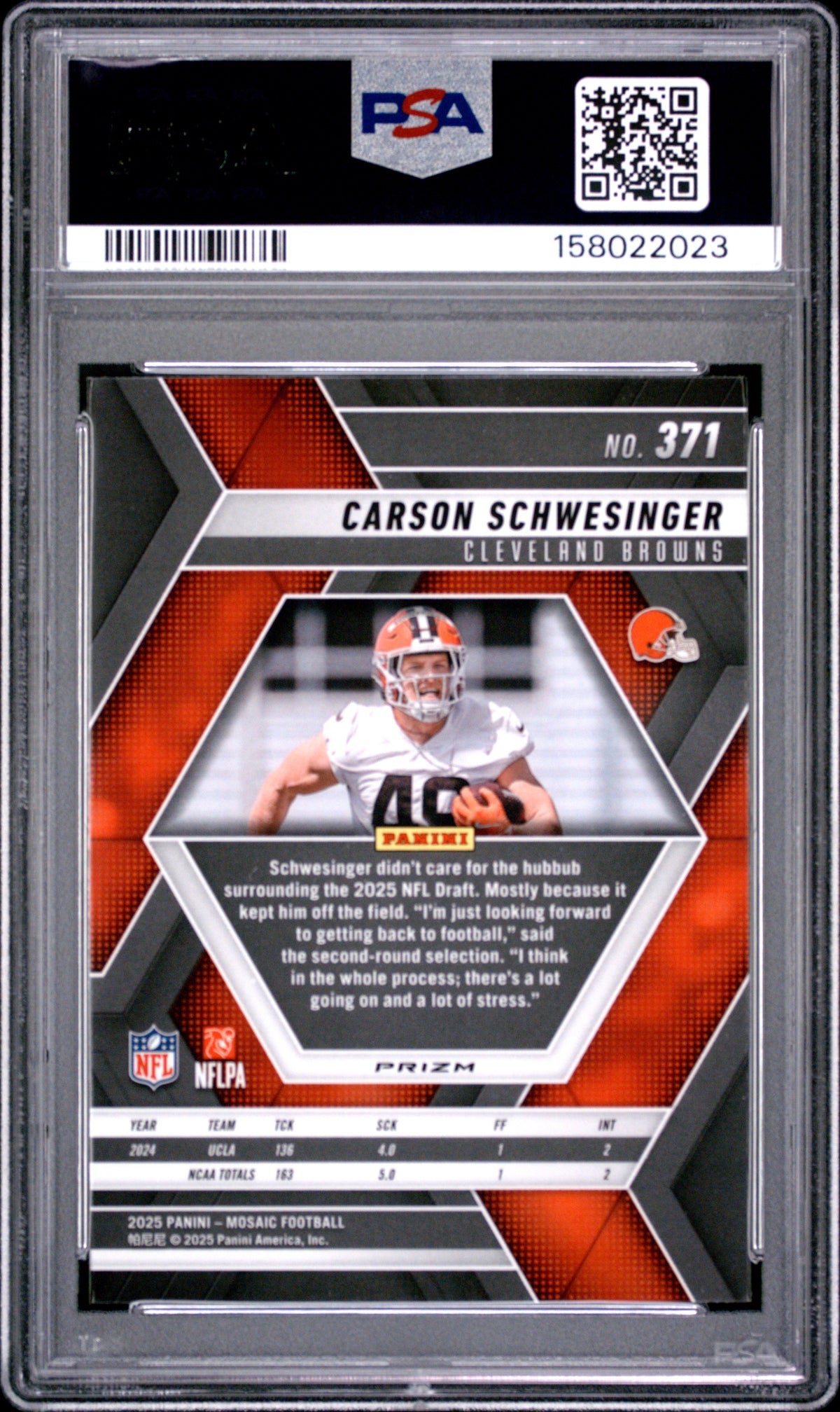 Carson Schwesinger 2025 Panini Mosaic Silver No Huddle #371 PSA 10