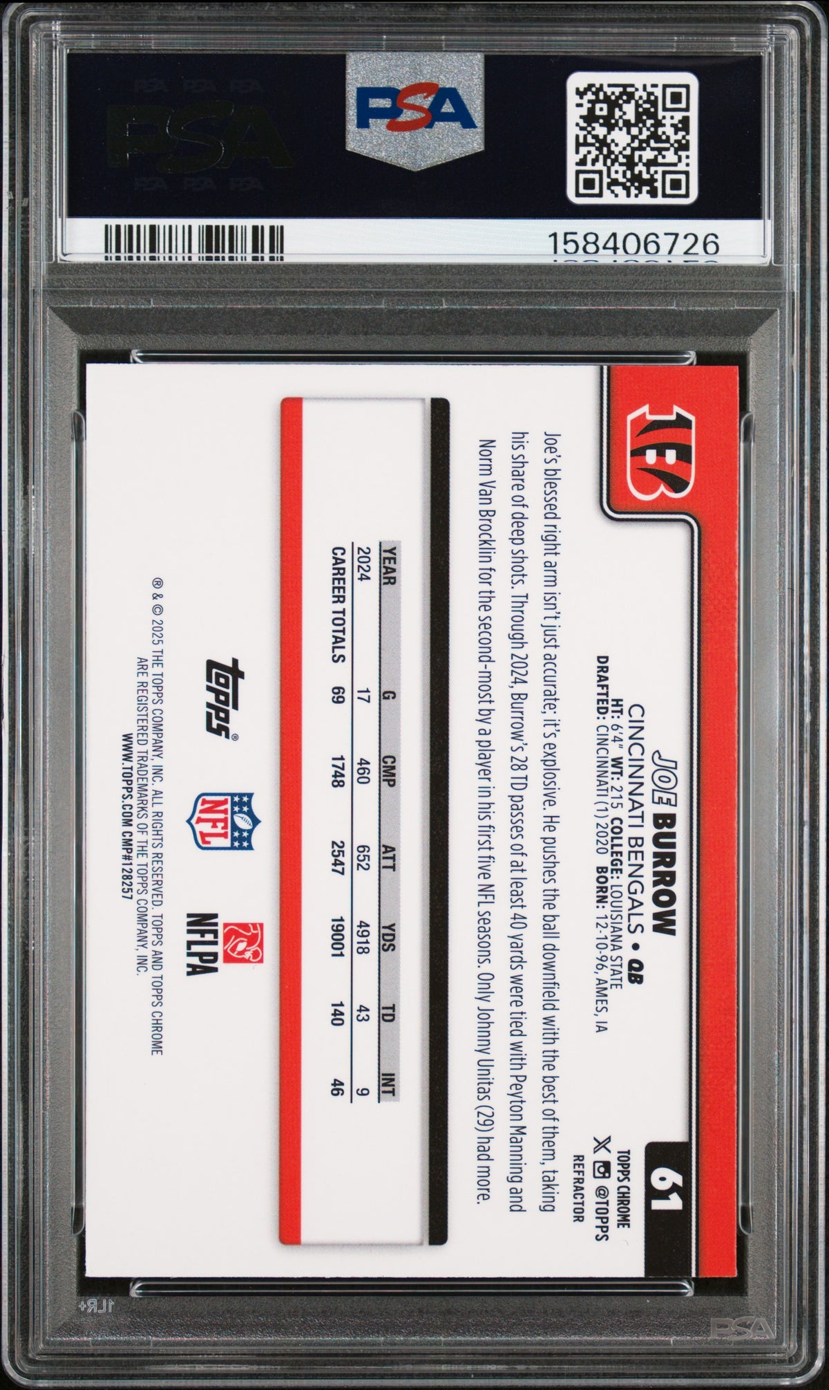 Joe Burrow 2025 Topps Chrome Refractor #61 PSA 10-2