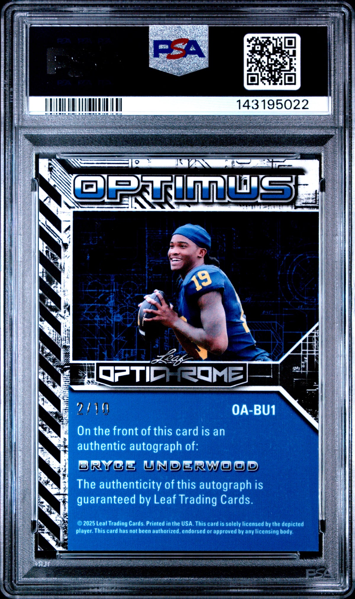 Bryce Underwood 2025 Leaf Optichrome Optimus Autographs Silver Lava 2/10 #OA-BU1 PSA 9-2