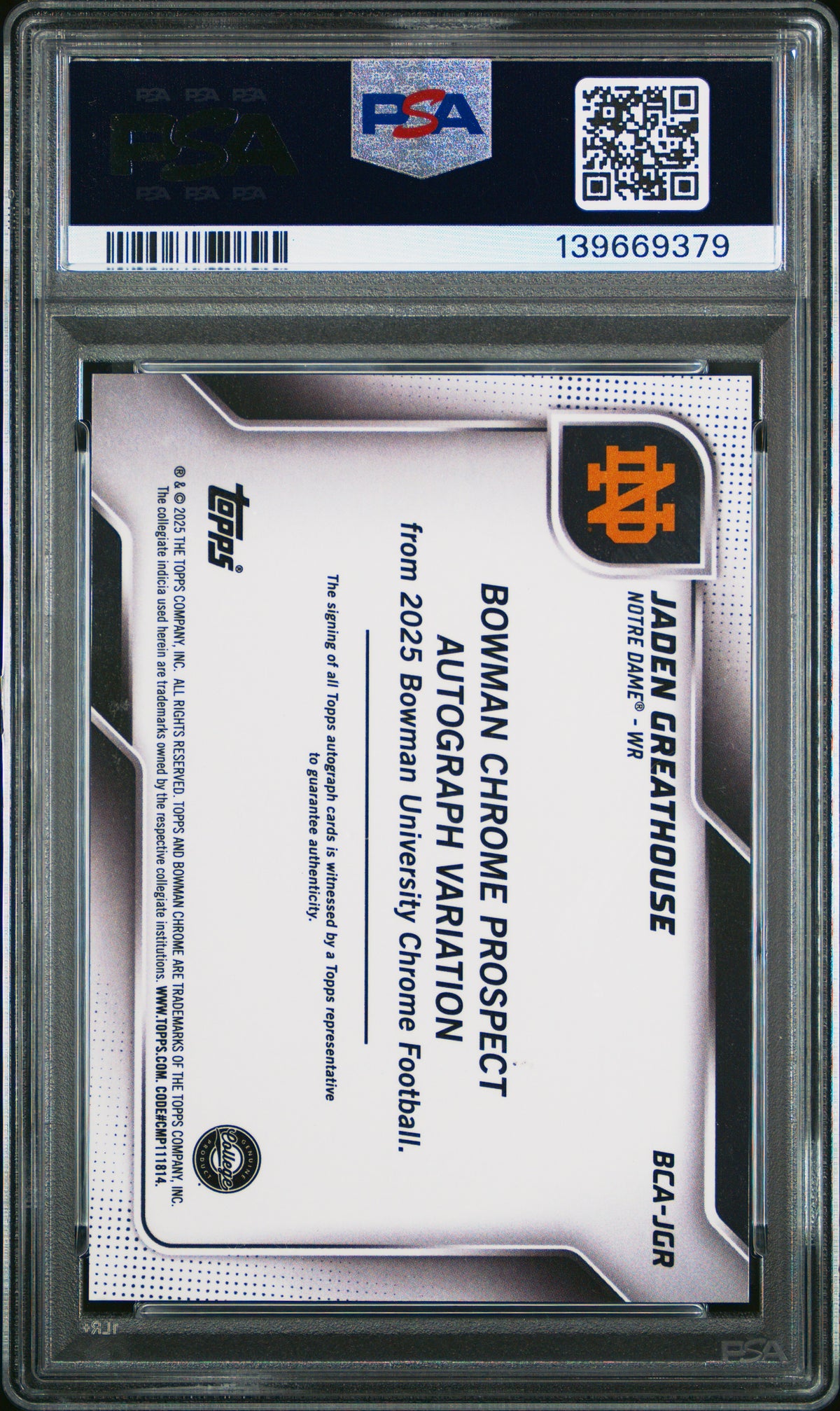 Jaden Greathouse 2025 Bowman University Chrome Prospect Autographs Stealth Refractor #JGR PSA 10-2