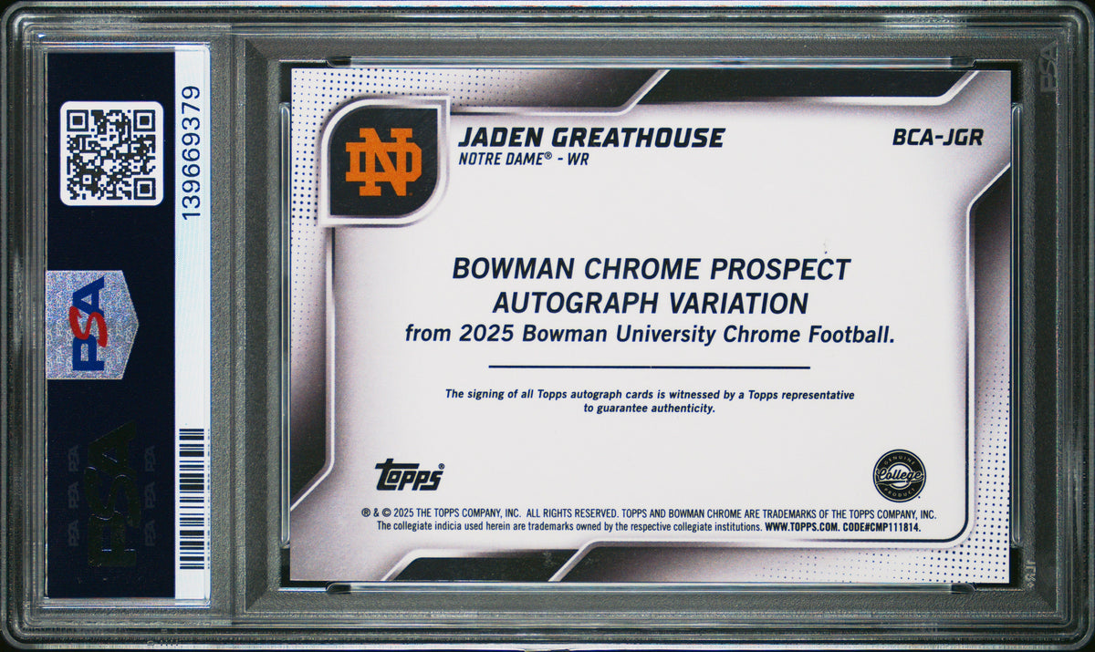 Jaden Greathouse 2025 Bowman University Chrome Prospect Autographs Stealth Refractor #JGR PSA 10