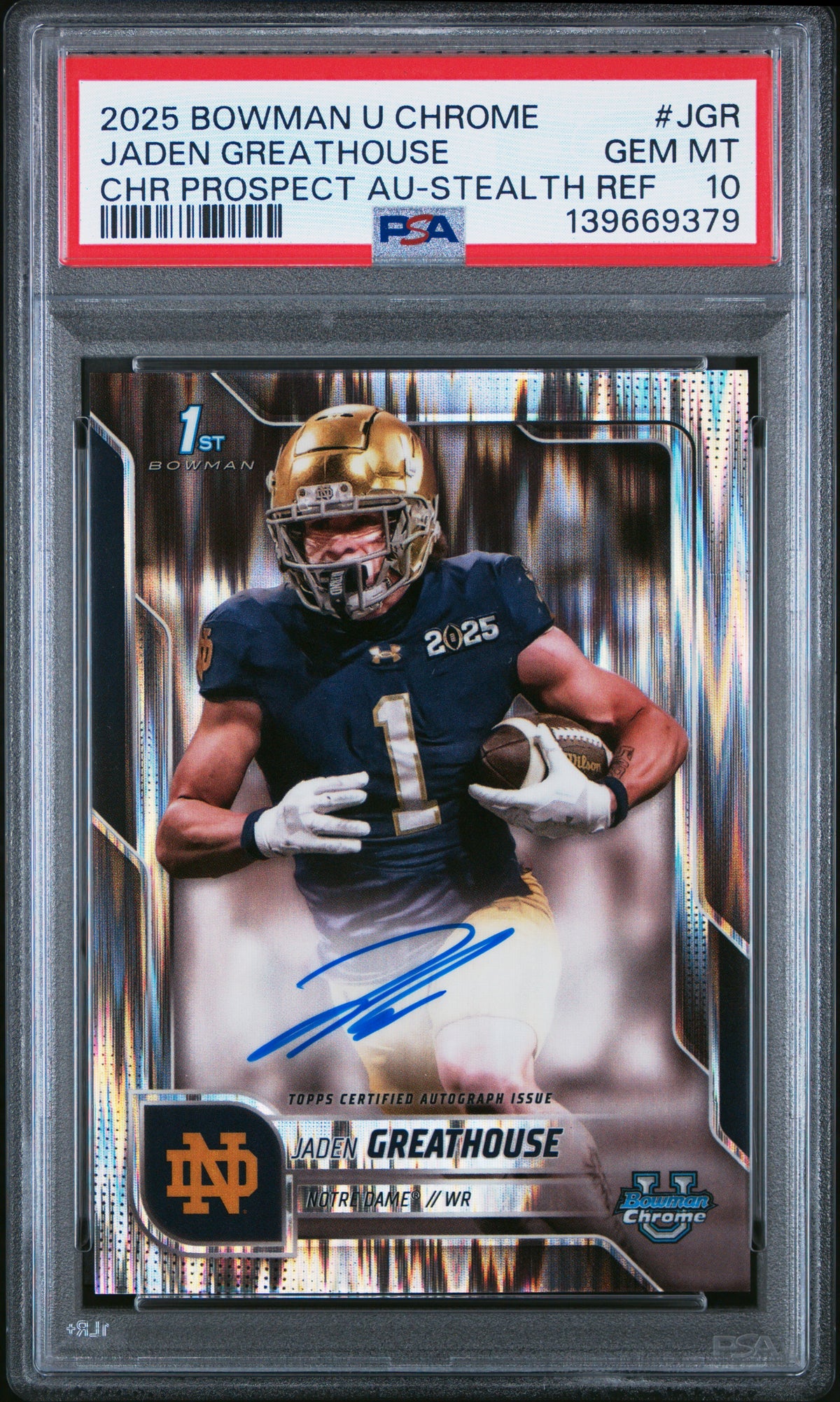 Jaden Greathouse 2025 Bowman University Chrome Prospect Autographs Stealth Refractor #JGR PSA 10