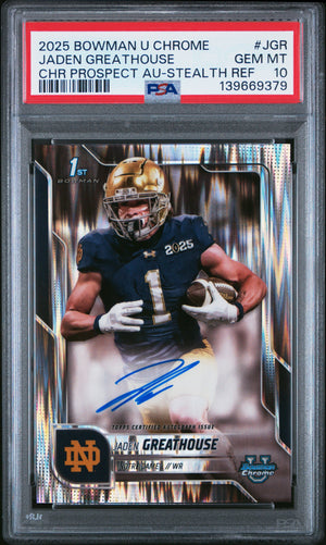 Jaden Greathouse 2025 Bowman University Chrome Prospect Autographs Stealth Refractor #JGR PSA 10