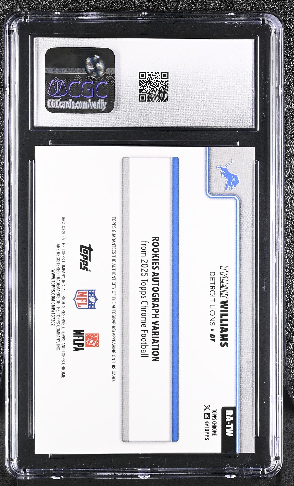 Tyleik Williams Aqua Refractor 2025 Chrome Rookie Autographs 129/199 #RA-TW CGC 10-2