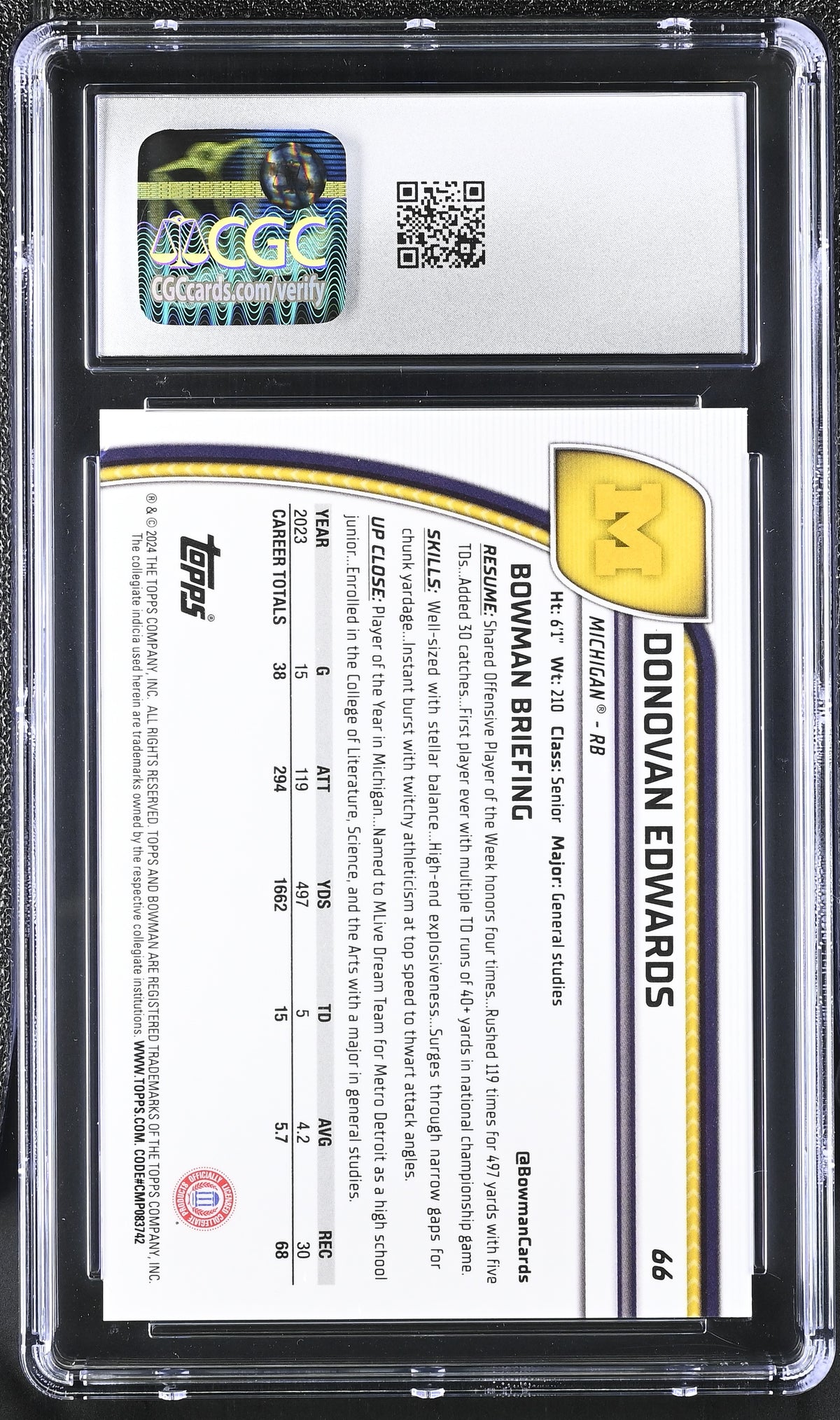 Donovan Edwards Yellow 2024 University Sapphire 74/75 #66 CGC 10-2