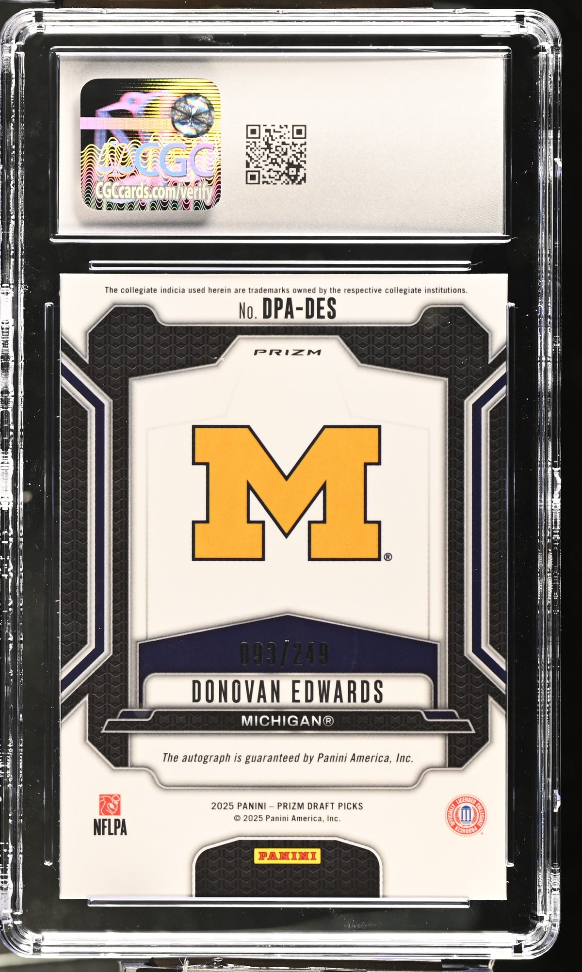 Donovan Edwards Blue 2025 Prizm Draft Picks Draft Picks Autographs 93/249 #DPA-DES CGC 10 Auto 10-2