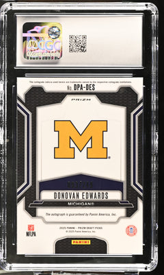 Donovan Edwards Blue 2025 Prizm Draft Picks Draft Picks Autographs 93/249 #DPA-DES CGC 10 Auto 10-2