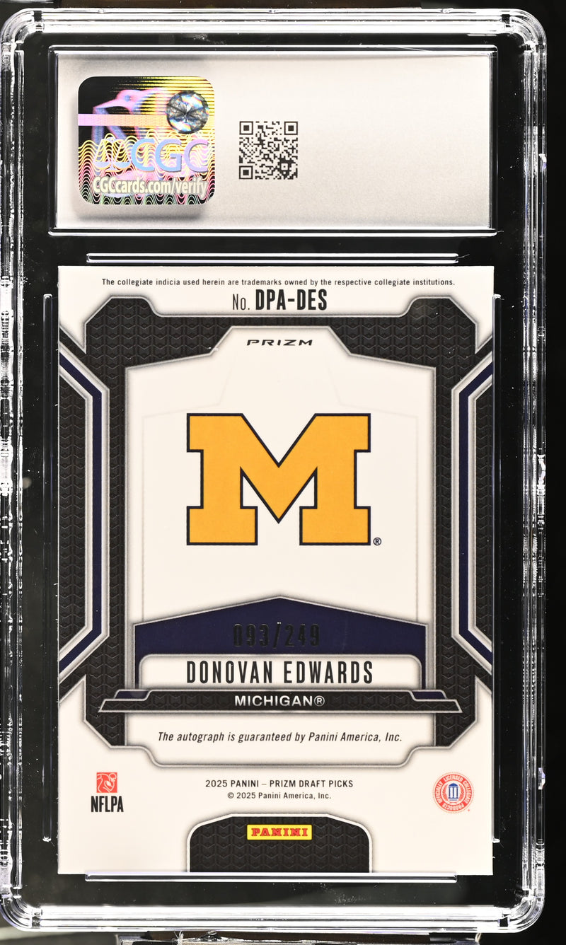 Donovan Edwards Blue 2025 Prizm Draft Picks Draft Picks Autographs 93/249 #DPA-DES CGC 10 Auto 10-2