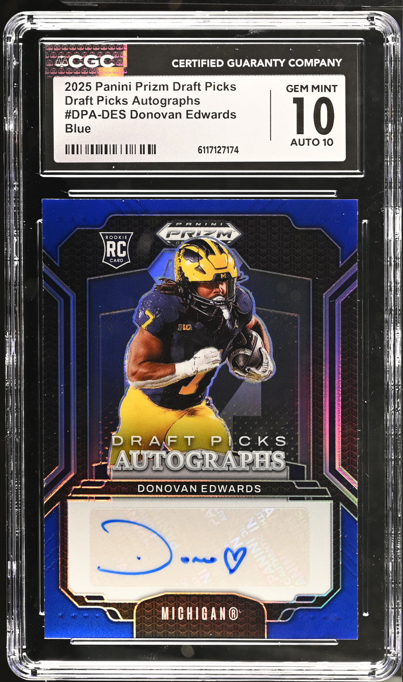 Donovan Edwards Blue 2025 Prizm Draft Picks Draft Picks Autographs 93/249 #DPA-DES CGC 10 Auto 10-1