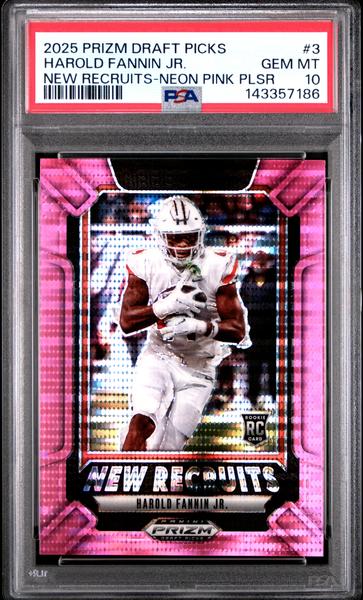 Harold Fannin Jr. 2025 Panini Prizm Draft Picks New Recruits Pink Pulsar 18/25 PSA 10